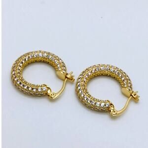 Gold Tone Rhinestone Earrings Hoop Style